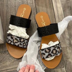 Double strap rhinestone leopard sandals